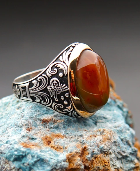 925 Ayar Gümüş Erkek Akik Taşı Yüzük sy00093 - Resim 2