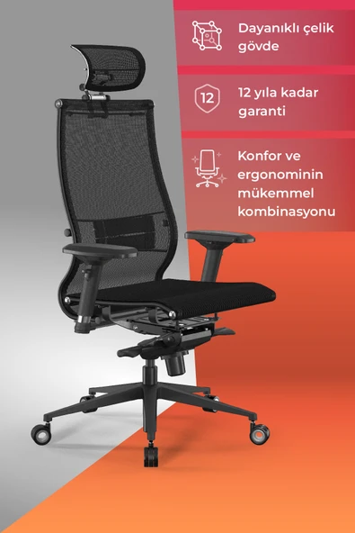Samurai Ergonomik Koltuk | Bel Destekli, Tekerlekli, Krom Ayaklı, Boyun Destekli Ofis Koltuğu - 30.3.15.2