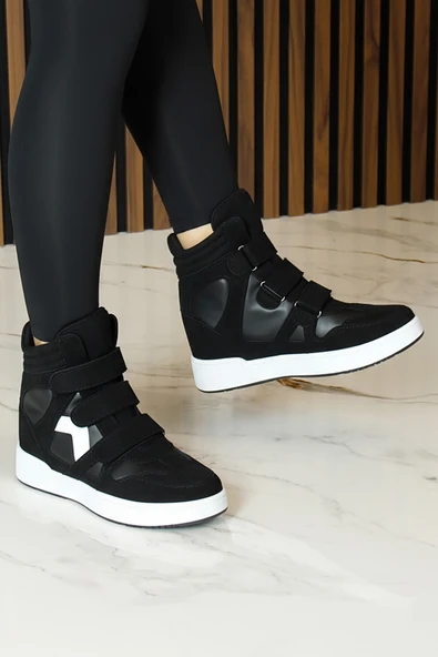 Erkan Saçmacı Talvi Siyah Beyaz Süet Yuvarlak Burun Cırt Cırtlı Gizli Dolgu Topuklu Günlük Bot - 3