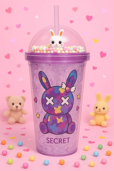 Sevimli Bunny Tavşan Figürlü Renkli Boncuklu Kristal Efektli Tasarım Pipetli Bardak Suluk Mor 2087 ürün görseli 1