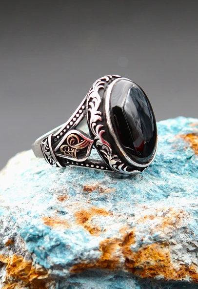 925 Ayar Gümüş Erkek Oltu Taşı Yüzük sy00092 ürün görseli 1