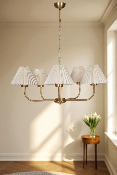 Lumexx APOLLO 5 Lİ ESKİTME PİLELİ KREM ABAJURLU AVİZE ürün görseli