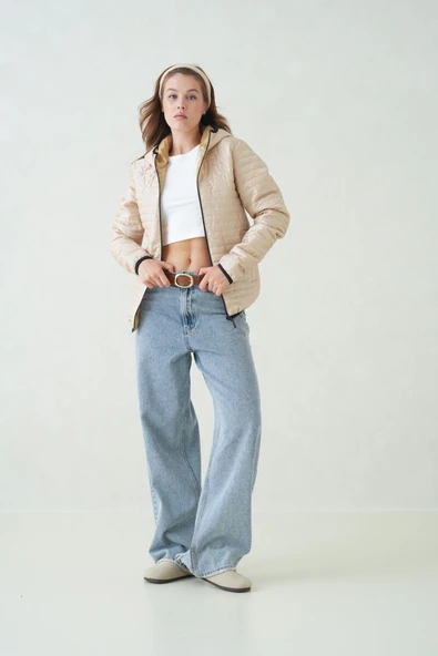 D1fference İçi Astarlı Cepli Kapüşonlu Jel Elyaf Su ve Rüzgar Geçirmez Şişme Kışlık Kadın Mont - Resim 3