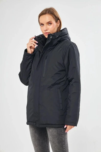 İçi Astarlı Su ve Rüzgar Geçirmez Cepli Kapüşonlu Kadın Mont - Resim 2
