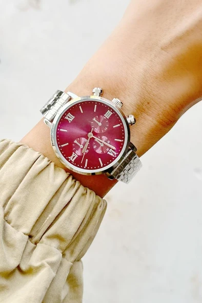 Massa Gri Kordon Bordo Kadran Kadın Kol Saati