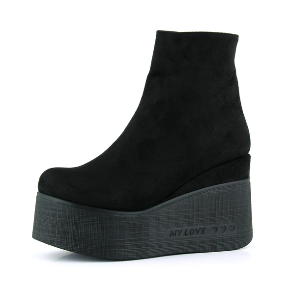 Erkan Saçmacı Chione Siyah Süet Kürk Astarlı Fermuarlı Yuvarlak Burun Gizli Dolgu Topuklu Bot