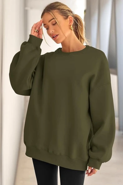 Genıus Store Kadın Sweatshirt Oversize Geniş Kalıp İçi Şardonlu Bisiklet Yaka Oversize Sweatshirt KADIN-SWEATSHIRT - Resim 9