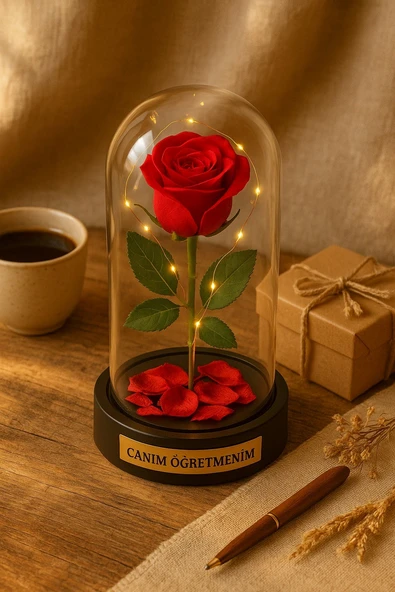 Sevgiliye Eşe Öğretmenler Gününe Anlam Katan Özel Fanusta Led Işıklı Canım Öğretmenim Hediye Biblosu - Resim 7
