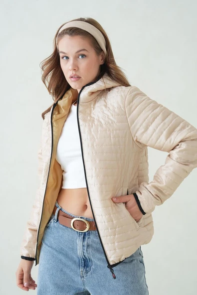 D1fference İçi Astarlı Cepli Kapüşonlu Jel Elyaf Su ve Rüzgar Geçirmez Şişme Kışlık Kadın Mont ürün görseli 1