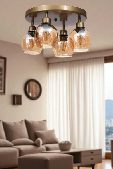 Lumexx ENZO 4 LÜ TEPSİLİ ESKİTME BAL CAMLI PLAFONYER AVİZE ürün görseli