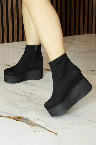 Erkan Saçmacı Chione Siyah Süet Kürk Astarlı Fermuarlı Yuvarlak Burun Gizli Dolgu Topuklu Bot - 6