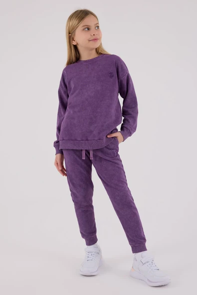 U.S Polo Assn. Kız Çocuk Mor Kalın 3 İplik Kumaş Uzun Kollu Lastikli Eşofman Takım - 2