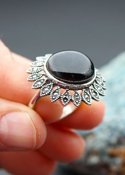 925 Ayar Gümüş Oltu Taşı Kadın Yüzük sk00096 - Resim 4