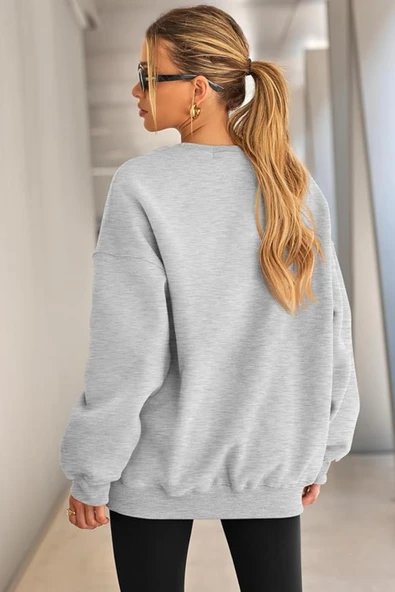 Genıus Store Kadın Sweatshirt Oversize Geniş Kalıp İçi Şardonlu Bisiklet Yaka Oversize Sweatshirt KADIN-SWEATSHIRT - Resim 7