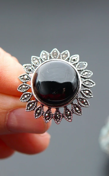 925 Ayar Gümüş Oltu Taşı Kadın Yüzük sk00096 ürün görseli 1