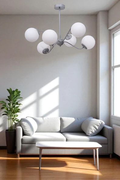 Lumexx YENİ AHTAPOT 6 LI GRİ BEYAZ CAMLI AVİZE ürün görseli