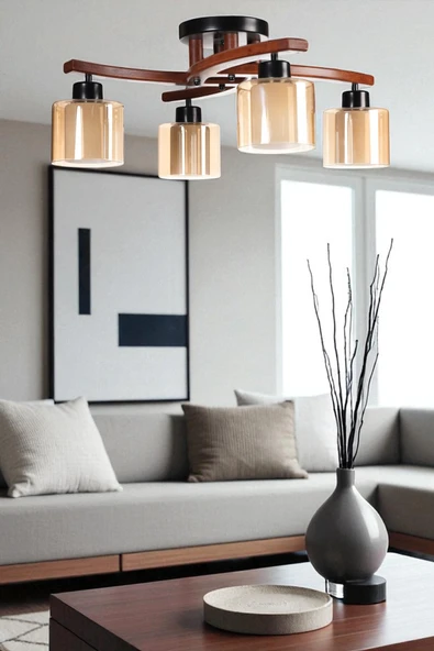 Lumexx WESTON 4 LÜ CEVİZ ÇİFT CAMLI PLOFONYER AVİZE ürün görseli