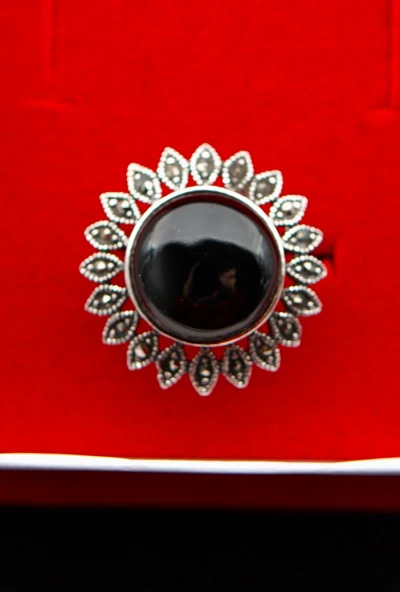 925 Ayar Gümüş Oltu Taşı Kadın Yüzük sk00096 - Resim 5