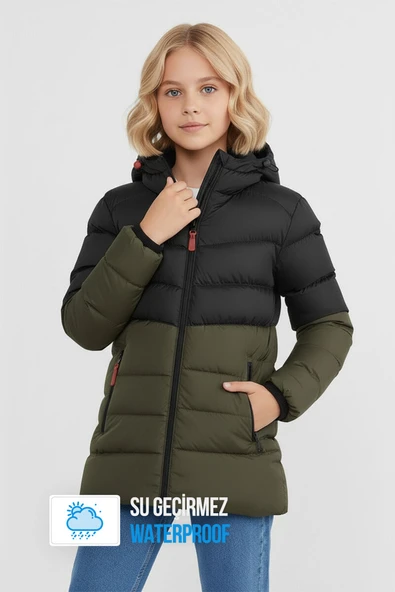 İçi Kürklü Su ve Rüzgar Geçirmez Kapüşonlu Kız Çocuk Mont - Resim 3