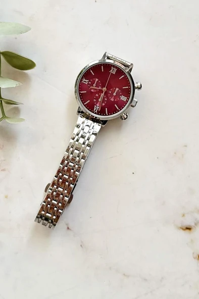 Massa Gri Kordon Bordo Kadran Kadın Kol Saati - 3