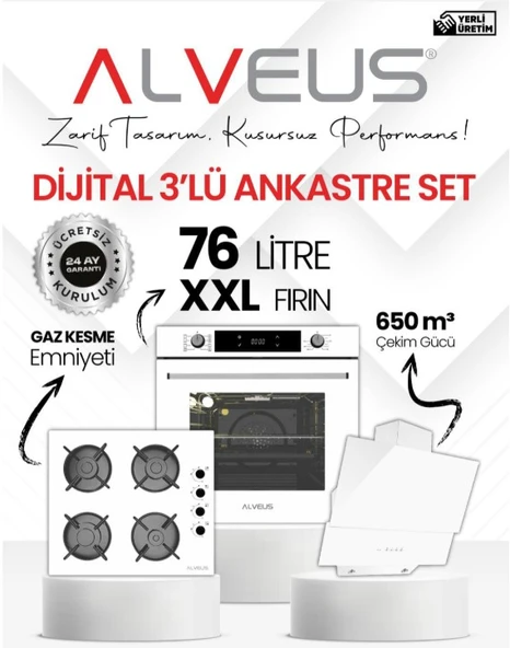 Alveus beyaz cam dijital 3 lü ankastre set ürün görseli