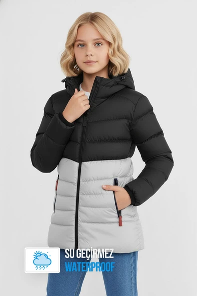 İçi Kürklü Su ve Rüzgar Geçirmez Kapüşonlu Kız Çocuk Mont - Resim 8
