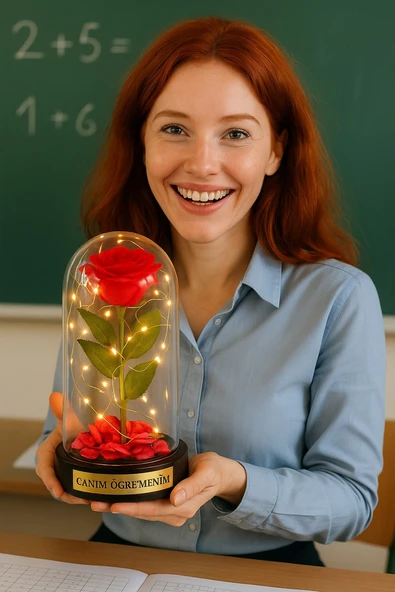 Sevgiliye Eşe Öğretmenler Gününe Anlam Katan Özel Fanusta Led Işıklı Canım Öğretmenim Hediye Biblosu - Resim 4