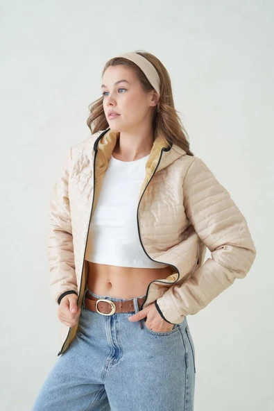 D1fference İçi Astarlı Cepli Kapüşonlu Jel Elyaf Su ve Rüzgar Geçirmez Şişme Kışlık Kadın Mont - Resim 2