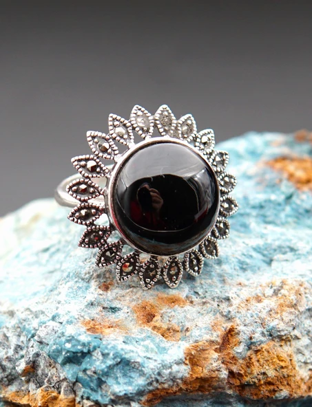 925 Ayar Gümüş Oltu Taşı Kadın Yüzük sk00096 - Resim 6