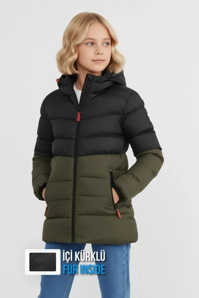 İçi Kürklü Su ve Rüzgar Geçirmez Kapüşonlu Kız Çocuk Mont - Resim 2