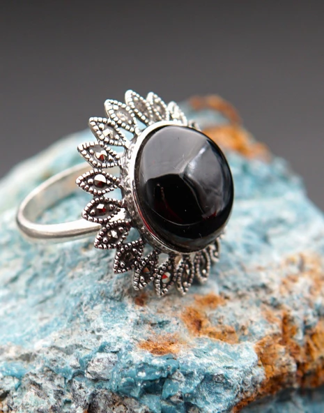 925 Ayar Gümüş Oltu Taşı Kadın Yüzük sk00096 - Resim 2