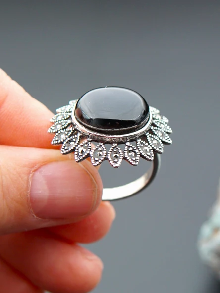 925 Ayar Gümüş Oltu Taşı Kadın Yüzük sk00096 - Resim 3