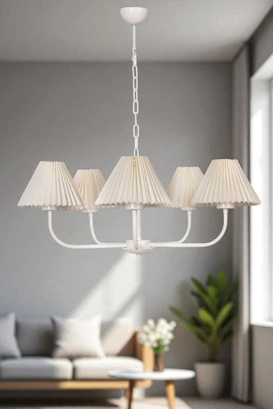 Lumexx APOLLO 5 Lİ BEYAZ PİLELİ KREM ABAJURLU AVİZE ürün görseli