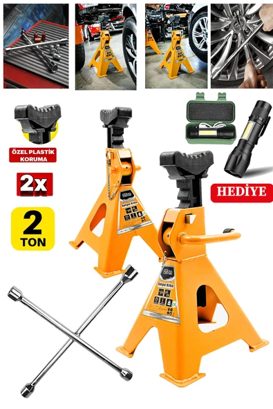 stilmax 2000Kg Kapasiteli 4 Ayaklı 2Adet Set Sehpa Kriko Standı + 4'lü Bijon Seti El Feneri Hediye Garaj Set - Resim 2