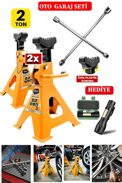 stilmax Germany 2Ton Kapasiteli 4 Ayaklı Kriko Standı 2x Çift Kriko Sehpası Araç Kriko + 4'lü Bijon El Fener - Resim 2