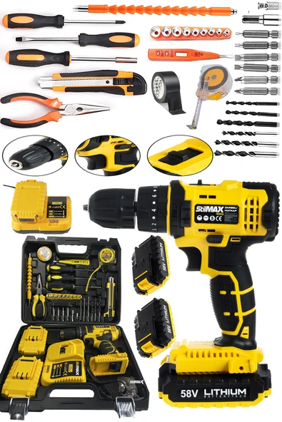 stilmax Germany Hybrid Brushless Motor 58v Panasonic Çift Akülü Darbeli Şarjlı Matkap Seti + 30 Parça Set