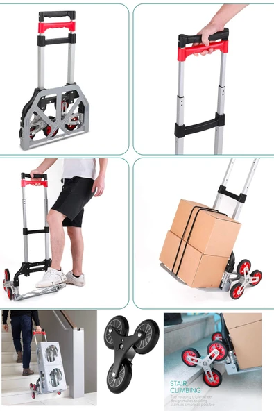 DEKO TURKEY Katlanabilir Merdiven El Arabası 80 Kg Kapasiteli Yük Kapasiteli Genişletme Halatı + Eldiven Hediye - Resim 3