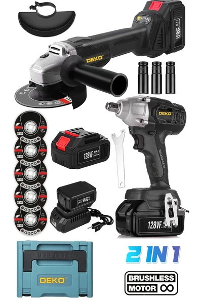DEKO TURKEY Çift Vuruşlu Darbeli Somun Sıkma Bijon Seti ve 125mm Akülü Spiral Taşlama Makinesi Kömürsüz Set ürün görseli