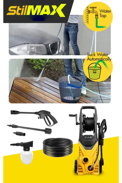 stilmax 135 Bar 1500w Bakır Sargılı Yüksek Basınçlı Bahçe Ve Oto Yıkama Makinesi Seti + Fiber Bez Hediyeli - Resim 5