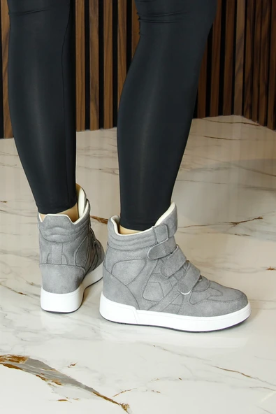 Erkan Saçmacı Talvi Gri Süet Yuvarlak Burun Cırt Cırtlı Gizli Dolgu Topuklu Günlük Bot - Resim 5