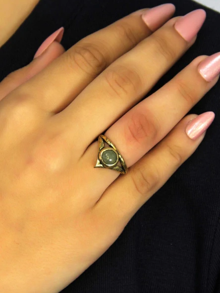 Doğal Taş Yeşil Akik Doğal Taşlı Antik Model Kadın Ayarlanabillir Yüzük euy72ya - Resim 2