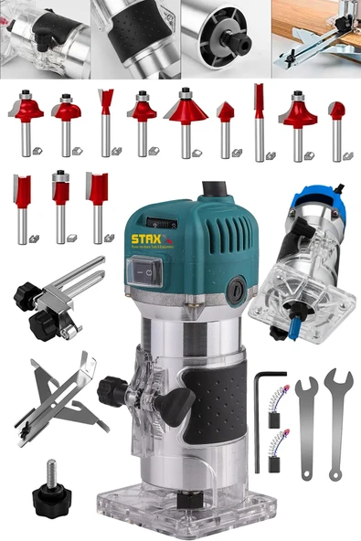STAXX POWER Germany 3000 Watt 6 Kademe Devir Ayarlı Formika Traşlama Freze Makinesi 6 Mm Pens + 12 Adet Uç Seti ürün görseli 1