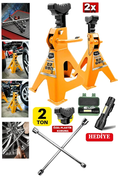 stilmax Germany 2Ton Kapasiteli 4 Ayaklı Kriko Standı 2x Çift Kriko Sehpası Araç Kriko + 4'lü Bijon El Fener - Resim 3