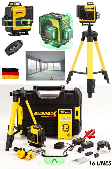 stilmax Çok Fonksiyonlu Otomatik Hizalamalı Kumandalı 16 Köşe Yeşil Çizgi Lazer Hizalama Makinesi Tripot Set - Resim 2