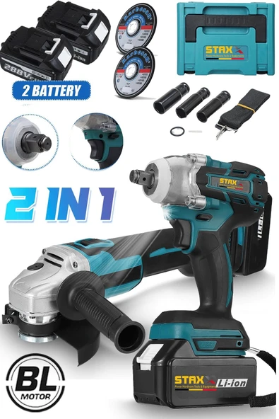 STAXX POWER Çantalı 2li SüperTurbo BL Motor Şarjlı Taşlama Spiral Şarjlı Somun Sıkma Sökme Setli 58VF 2000Ah ürün görseli 1