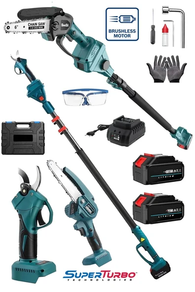 stilmax Germany 2100VLİON Kömürsüz Blue Seri Çift Akülü Uzaten Teleskopik Şarjlı Dal Budama + Bağ Makası Set ürün görseli 1
