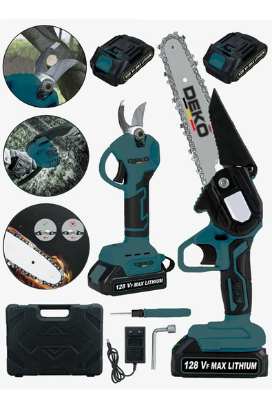 DEKO TURKEY 2Li Muhteşem Set 128Vf 10Ah Çift Akülü Çelik Şanzıman Şarjlı Dal Ağaç Kesme Budama ve Makası ürün görseli 1