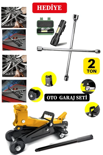 DEKO TURKEY 2000Kg Kapasiteli Tekerlekli Araç Krikosu Hidrolik Kriko + 4'lü Çelik Bijon Seti El Feneri Hediyeli - Resim 3