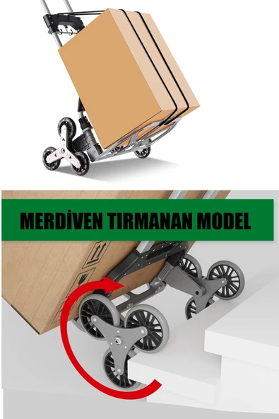 DEKO TURKEY Katlanabilir Merdiven El Arabası 80 Kg Kapasiteli Yük Kapasiteli Genişletme Halatı + Eldiven Hediye - Resim 2