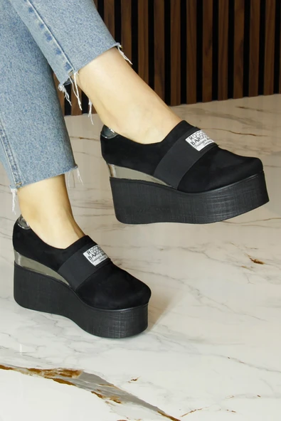 Erkan Saçmacı Himani Siyah Süet Yuvarlak Burun Gümüş Detaylı Gizli Dolgu Topuklu Günlük Ayakkabı - 3